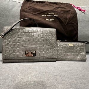 Kate Spade Croc-Embossed Gray Handbag and Wristlet Set
